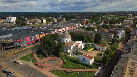 Aerial-view-of-Roman-Catholic-Church-of-Saint-Peter-in-Daugavpils-with-the-view-of-cityscape,-Latvia