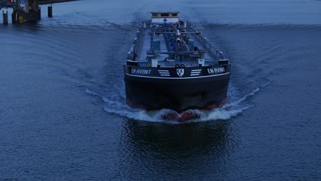 En-Avant-the-tanker-vessel-navigates-through-the-calm-water-of-the-River-Noord,-aerial