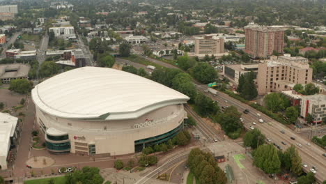 Circling-aerial-shot-of-the-Moda-centre-Portland-Oregon