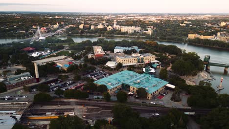 A-Saint-Boniface-Sunset-Golden-Hour-Aerial-View-of-the-Urban-Park-Canadian-Museum-for-Human-Rights-The-Forks-Market-Downtown-Winnipeg-Shaw-Park-Provencher-Bridge-Red-River-in-Manitoba-Canada