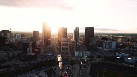 A-Bright-Light-Skyscraper-Sunset-Golden-Hour-Aerial-View-of-the-Urban-Park-Canadian-Museum-for-Human-Rights-The-Forks-Market-Downtown-Winnipeg-Shaw-Park-Provencher-Bridge-Red-River-in-Manitoba-Canada