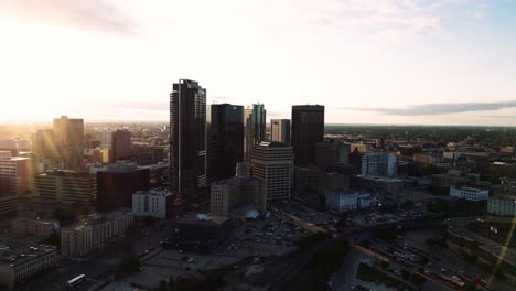 A-Skyscraper-Evening-Sunset-Golden-Hour-Aerial-View-of-the-Urban-Park-Canadian-Museum-for-Human-Rights-The-Forks-Market-Downtown-Winnipeg-Shaw-Park-Provencher-Bridge-Red-River-in-Manitoba-Canada