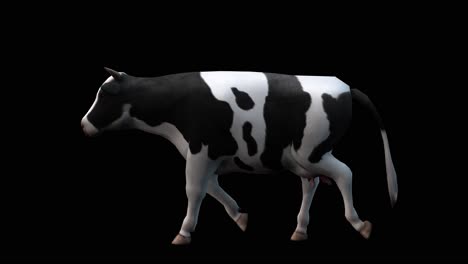 A-cow-walking-on-black-background-with-alpha-channel-included-at-the-end-of-the-video,-3D-animation,-side-view,-animated-animals,-seamless-loop-animation