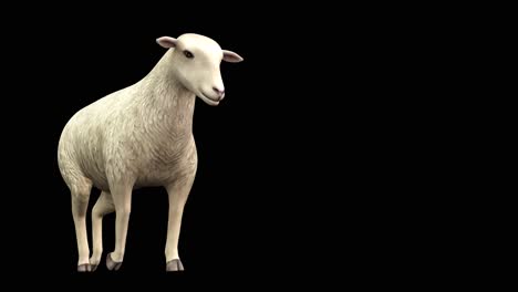 A-sheep-walking-on-black-background-with-alpha-channel-included-at-the-end-of-the-video,-3D-animation,-perspective-view,-animated-animals,-seamless-loop-animation