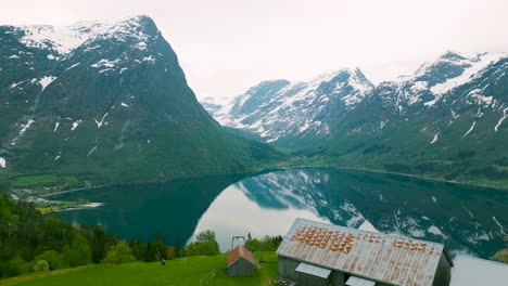 Drone-footage-of-amazing-panoramic-view-in-Stryn,-Oppstryn-lake,-Norway