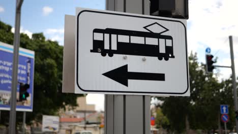 Tram-public-transportation-sign-on-the-street,-isolated-close-up-view