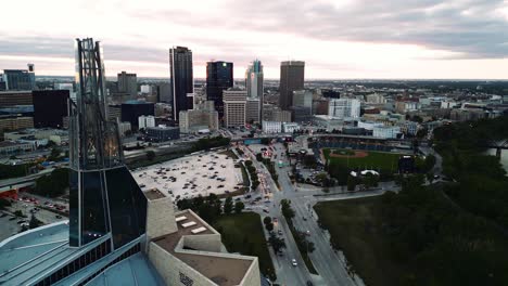 A-Parallax-Sunset-Golden-Hour-Aerial-View-of-the-Urban-Park-Canadian-Museum-for-Human-Rights-The-Forks-Market-Downtown-Winnipeg-Shaw-Park-Provencher-Bridge-Red-River-in-Manitoba-Canada