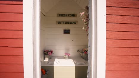 push-in-shot-of-the-inside-of-a-decorated-and-repurposed-out-house-toilet-room