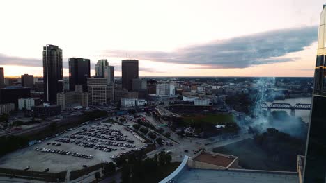 A-Fireworks-Smoke-Fire-Sunset-Golden-Hour-Aerial-View-of-the-Urban-Park-Canadian-Museum-for-Human-Rights-The-Forks-Market-Downtown-Winnipeg-Shaw-Park-Provencher-Bridge-Red-River-in-Manitoba-Canada