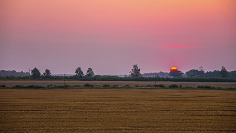 Timelapse-shot-of-combine-harvester-harvesting-in-distance-with-sun-setting-in-the-background-at-dusk