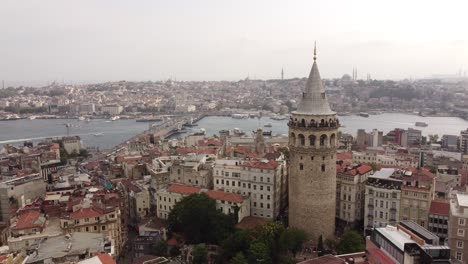 Aerial-view-ofHistoric-Galata-Tower-in-beyoglu-istanbul-with-bosphorus-sea,-mosques,-roof-tops,-galata-bridge-in-the-background-behind