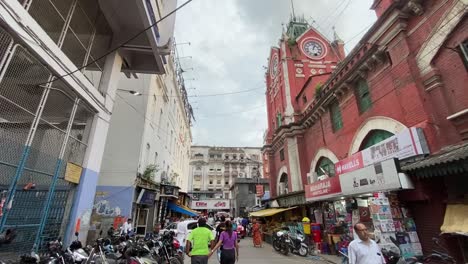 Low-angle-shot-of-historic-Sir-Stuart-Hogg-Market-or-Hogg-Market-popularly-known-as-New-Market-in-Kolkata,-India-at-daytime
