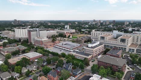 Aerial-view-of-medical-healthcare-district-in-City-Park-West,-Denver,-Colorado