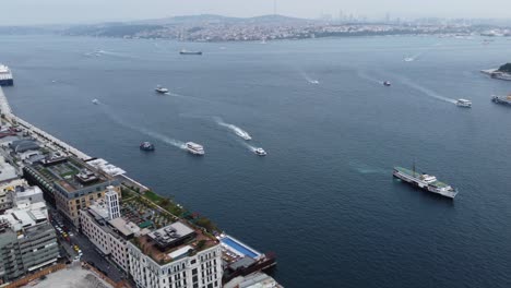 Aerial-Footage-of-Bosphorus,-sea,-buildings-and-Ships-in-Istanbul
