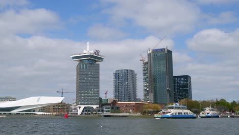 A'DAm-Tower,-B'Mine-Tower,-And-Eye-Film-Museum-On-The-Banks-Of-IJ-River-In-Amsterdam,-Netherlands