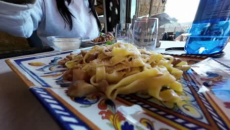 Parmesan-sprinkled-on-a-plate-of-pasta,-italian-cuisine