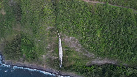 Epic-aerial-view-of-Kaluahine-Falls-in-Big-island,-Hawaii,-aerial-view