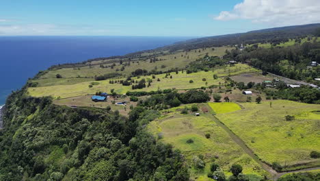 Sensational-aerial-view-of-Waipio-Bay-Coast,-drone-flying-above-grass-meadow