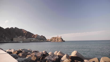 Traditional-fort-in-sea,-Muscat,-Oman