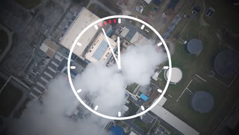 Zeit,-CO2-Emissionen-Zu-Reduzieren,-Uhr-Overlay-Mit-Einem-Rauchenden-Schornstein-Hintergrund