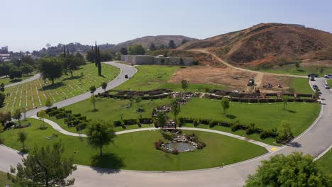 Low-aerial-close-up-shot-of-the-private-estates-gravesites-at-a-California-mortuary