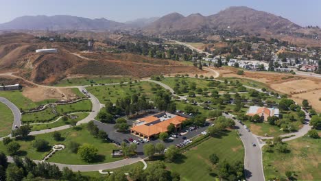 Aerial-wide-panning-shot-of-a-mortuary-in-California
