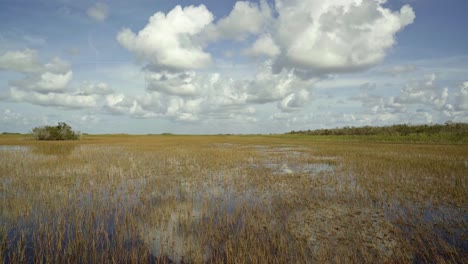 Kippaufnahme-Der-Atemberaubenden-Florida-Everglades-In-Der-Nähe-Von-Miami-In-Der-Mitte-Auf-Einem-Luftkissenboot,-Wobei-Das-Ruhige-Sumpfwasser-Den-Himmel-Reflektiert-Und-An-Einem-Sonnigen-Tag-Eine-Fata-Morgana-Inmitten-Von-Hohem-Gras-Erzeugt