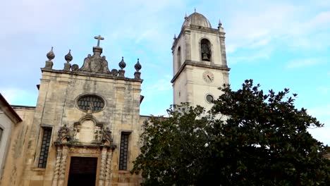 Panoramablick-Auf-Die-Außenseite-Der-Weißen-Kathedrale-Von-Aveiro,-Salomonische-Säulen-Hinter-Einem-Baum