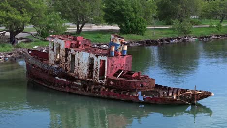 Old-red-rusty-wrecked-boat-in-a-river,-telephoto-aerial-orbit,-vessel-decay