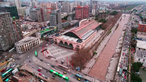 Aerial-view-of-Historic-Building-Mapocho-Station-Cultural-Center,-old-train-station