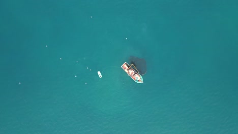 Ein-Fischerboot-Aus-Der-Vogelperspektive,-Das-Vor-Dem-Hintergrund-Kreisender-Möwen-Sein-Fischernetz-Einholt-Und-Eine-Reiche-Beute-An-Sardinen-Sichert
