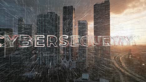 Cyber-Security-animation-logo-with-aerial-skyline-of-modern-smart-city-at-sunset