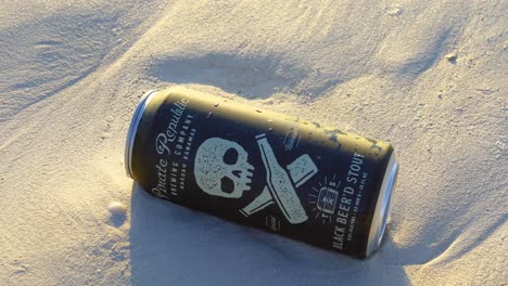 Dies-Ist-Ein-Statisches-Video-Einer-Bierdose-Der-Marke-Pirate-Republic-Namens-Black-Beer&#39;d-Stout-An-Einem-Strand-Mit-Wellen