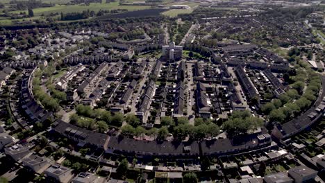 Forward-approach-aerial-of-residential-neighbourhood-Leesten-in-suburbs-of-Zutphen-with-distinct-shape