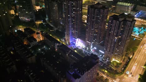 Night-time-aerial-over-Hangzhou-residential-area,-China