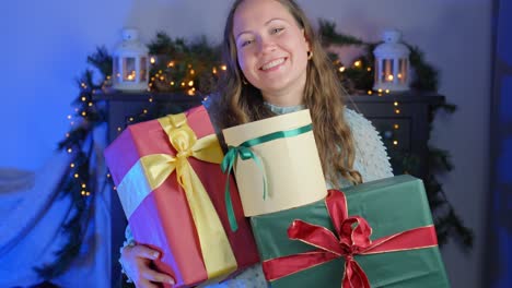 Triple-Presents:-Brunette's-Happiness-with-Three-Christmas-Surprises,-Blue-Eyed-Joy