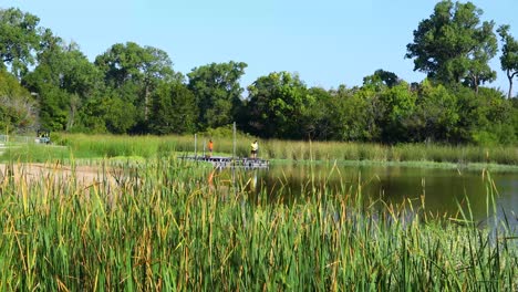 Static-video-of-people-fishing-on-Cedar-Lake-in-Cleburne-State-Park-in-Texas