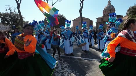 Peruvian-community-parading-during-a-Latin-American-carnival-in-Rome,-capital-of-Italy