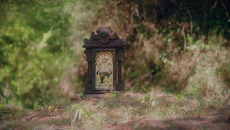 Antiguo-Reloj-De-Péndulo-De-Madera-En-Un-Bosque-En-Cámara-Lenta