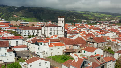 Aerial-drone-view-of-the-beautiful-local-town-of-Vila-Franco-Do-Campo,-Sao-Miguel-island,-Azores---Portugal