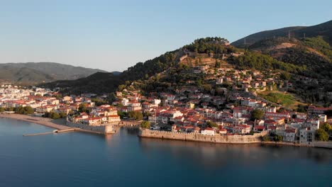 Nafpaktos-Aerial-Footage,-Early-Morning-Shot-of-Old-Town-Port-and-Venetian-Fortress,-Point-of-Interest-Drone-Shot