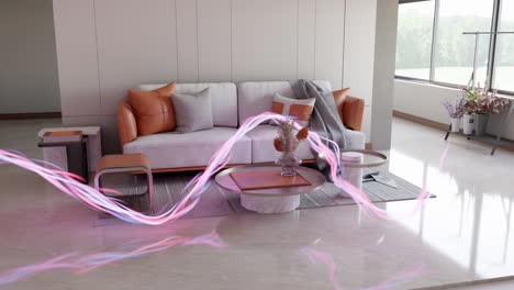 Animation-of-stream-of-vibrant-glowing-energy-flowing-in-living-room-modern-smart-house-apartment