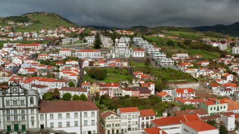Aerial-drone-shot-of-local-town-of-Horta-in-Faial-island,-Azores---Portugal