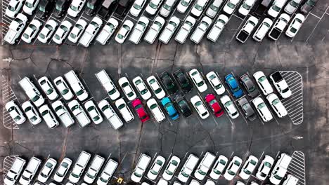 Unmarked-Police-cars-in-large-parking-lot-aerial-shot-straight-down
