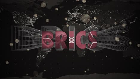 BRICS-currency-text-and-coin-symbols-on-a-world-map-background---CGI-animation