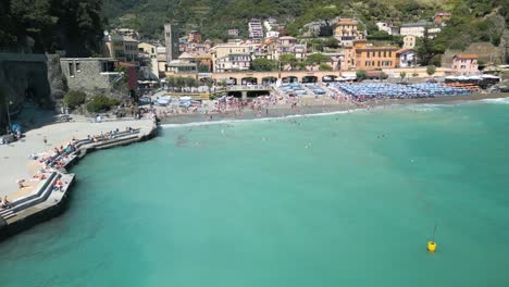 Establishing-Drone-Shot-at-Famous-Beach-in-Monterosso,-Cinque-Terre,-Italy