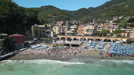 Fixed-Aerial-View-Above-Monterosso-Beach-in-Cinque-Terre,-Italy