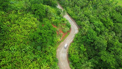 Overhead-drone-view-of-white-van-driving-along-an-empty-road-in-lush,-tropical-jungle-of-Baras,-Catanduanes