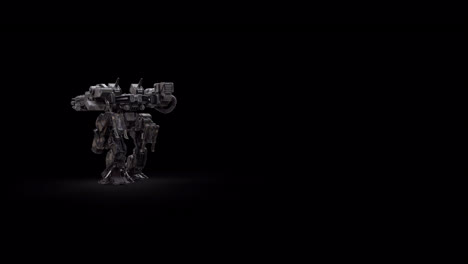 Robot-warrior-3d-model,-futuristic-machine-rendering-animation,-walking---back-side-left-view,-overlay-video-with-black-background-suitable-for-alpha-matte-blending,-SCI-FI-concept