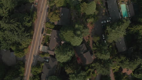Top-down-aerial-shot-over-wealthy-green-neighbourhood-in-forest-park-portland-Oregon